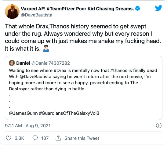 Dave Bautista ficou decepcionado porque Drax não matou Thanos em