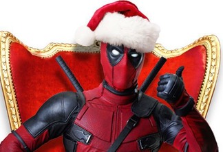Deadpool vestido de Papai Noel no cartaz temático do filme