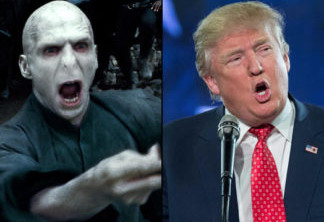 Voldermort (esquerda), interpretado pelo ator Ralph Fiennes nos cinemas, e o candidato Donald Trump (direita)