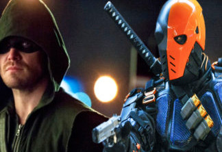 Stephen Amell (esquerda) e o Exterminador da série Arrow (direita)