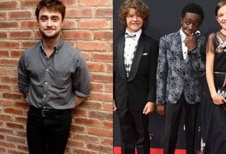 Daniel Radcliffe (esquerda) e as crianças de Stranger Things (direita)
