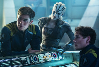 Left to right: Chris Pine plays Kirk, Sofia Boutella plays Jaylah and Anton Yelchin plays Chekov in Star Trek Beyond from Paramount Pictures, Skydance, Bad Robot, Sneaky Shark and Perfect Storm Entertainment