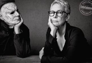 Michael Meyers or "The Shape" and Jamie Lee Curtis photographed exclusively for Entertainment Weekly by Art Streiber on September 17th, 2018 in Los Angeles