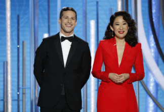 BEVERLY HILLS, CALIFORNIA - JANUARY 06: In this handout photo provided by NBCUniversal, Hosts Andy Samberg and Sandra Oh  speak onstage during the 76th Annual Golden Globe Awards at The Beverly Hilton Hotel on January 06, 2019 in Beverly Hills, California.  (Photo by Paul Drinkwater/NBCUniversal via Getty Images)