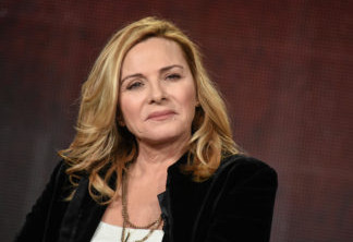 Kim Cattrall speaks on stage during the "Shakespeare Uncovered" panel at the PBS 2015 Winter TCA on Tuesday, Jan. 20, 2015, in Pasadena, Calif. (Photo by Richard Shotwell/Invision/AP)