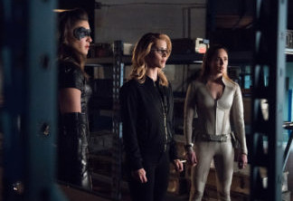Arrow -- "Lost Canary" -- Image Number: AR718B_0150r.jpg -- Pictured (L-R): Juliana Harkavy as Dinah Drake/Black Canary, Emily Bett Rickards as Felicity Smoak and Caity Lotz as Sara Lance/White Canary -- Photo: Dean Buscher/The CW -- ÃÂ© 2019 The CW Network, LLC. All Rights Reserved.