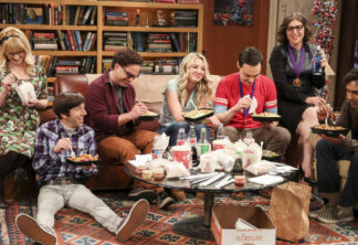 "The Stockholm Syndrome" - Pictured: Bernadette (Melissa Rauch), Howard Wolowitz (Simon Helberg), Leonard Hofstadter (Johnny Galecki), Penny (Kaley Cuoco), Sheldon Cooper (Jim Parsons), Amy Farrah Fowler (Mayim Bialik) and Rajesh Koothrappali (Kunal Nayyar). Bernadette and Wolowitz leave their kids for the first time, Penny and Leonard try to keep a secret, Sheldon and Amy stick together, and Koothrappali makes a new friend as the gang travels together into an uncharted future, on the series finale of THE BIG BANG THEORY, Thursday, May 16 (8:30 - 9:00PM, ET/PT) on the CBS Television Network. Photo: Michael Yarish/CBS ©2019 CBS Broadcasting, Inc. All Rights Reserved