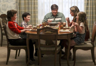 "Pilot" -- Pictured (L-R): Montana Jordan as Georgie, Iain Armitage as Young Sheldon, Lance Barber as George, Sr, Zoe Perry as Mary and Raegan Revord as Missy. 9-year old Sheldon Cooper is a once-in-a-generation mind capable of advanced mathematics and science but learns that isn\'t always helpful growing up in East Texas, a land where church and football are king, on the special series debut of the new comedy YOUNG SHELDON, Monday, Sept. 25 (8:30-9:00 PM, ET/PT) on the CBS Television Network. YOUNG SHELDON moves to Thursdays (8:30-9:00 PM, ET/PT) as of Nov. 2. Photo: Robert Voets/CBS ÃÂ©2017 CBS Broadcasting, Inc. All Rights Reserved.