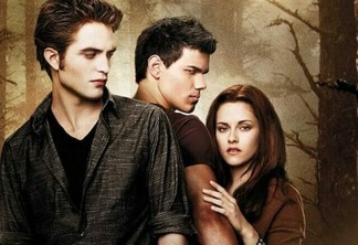 Robert Pattinson, Taylor Lautner e Kristen Stewart em pôster de Crepúsculo.