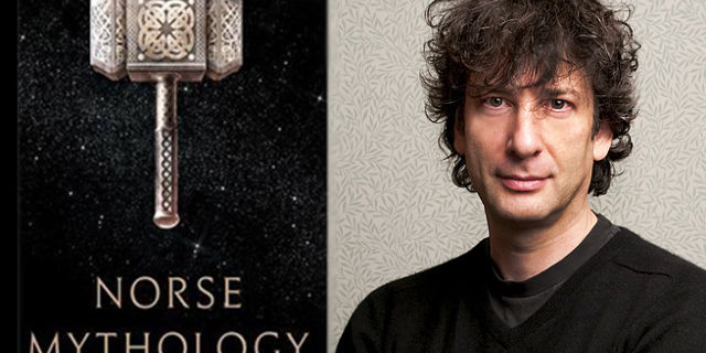 Capa de Norse Mythology (esquerda) e o autor Neil Gaiman