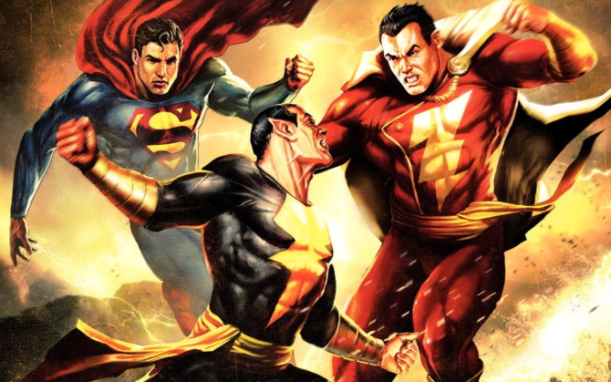 Superman, Adão Negro e Shazam se enfrentando nos quadrinhos