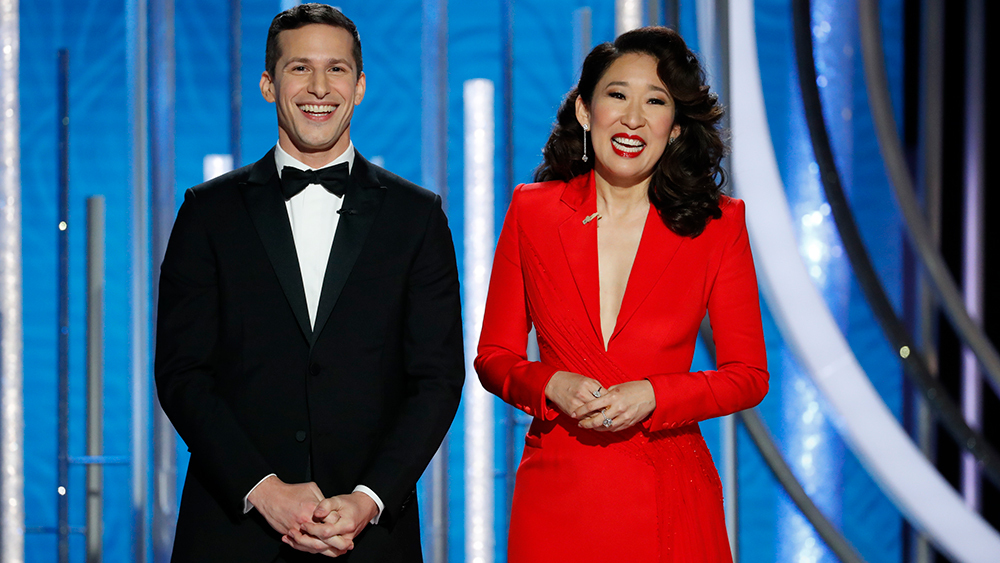 76th ANNUAL GOLDEN GLOBE AWARDS -- Pictured: Andy Samberg and Sandra Oh at the 76th Annual Golden Globe Awards held at the Beverly Hilton Hotel on January 6, 2019 -- (Photo by: Paul Drinkwater/NBC)