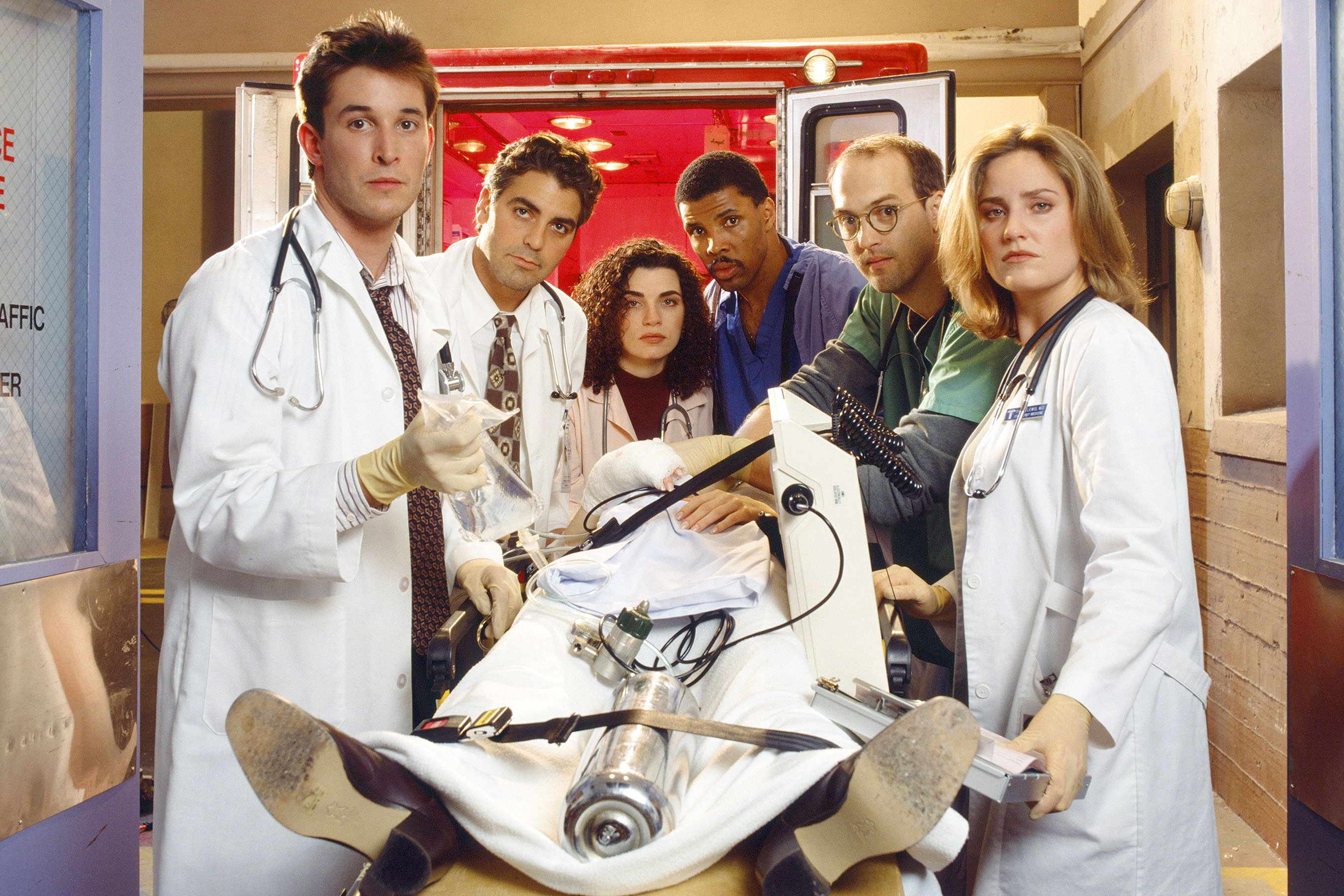 ER -- SEASON 1 -- Pictured: (l-r) Noah Wyle as Doctor John Carter; George Clooney as Doctor Doug Ross; Julianna Margulies as Nurse Carol Hathaway; Eriq La Salle as Doctor Peter Benton; Anthony Edwards as Doctor Mark Greene; Sherry Stringfield as Doctor Susan Lewis -- Photo by: NBCU Photo Bank