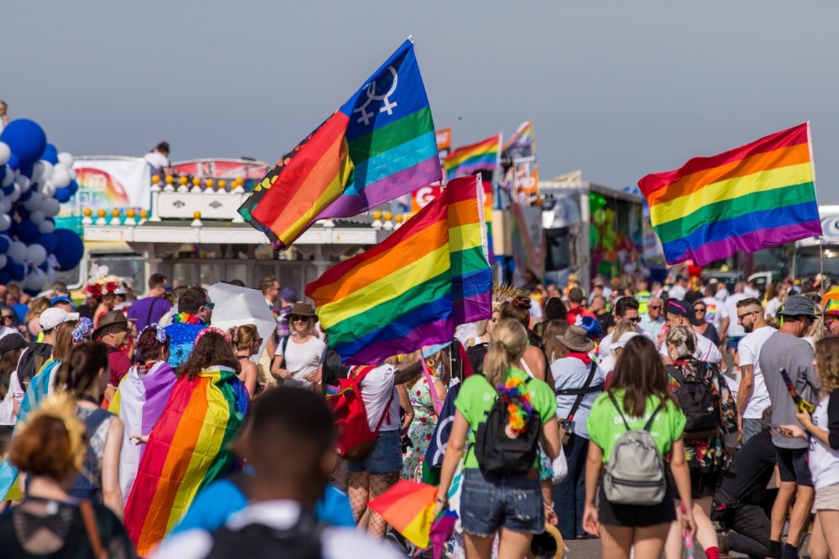 Participants at the start of the annual Brighton Pride Parade in the seaside town of Brighton, UK.  Featuring: atmosphere Where: Brighton, East Sussex, United Kingdom When: 04 Aug 2018 Credit: Luke Dray/Cover Images