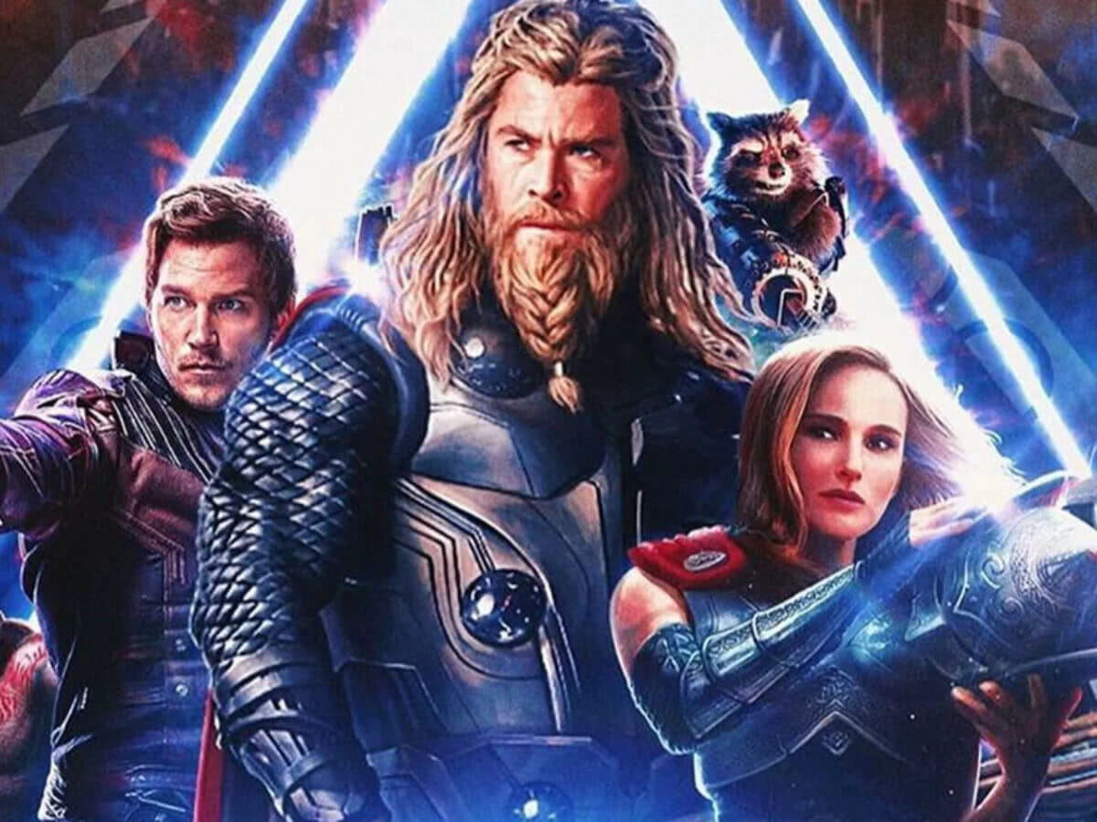 Chris Pratt, Chris Hemsworth e Natalie Portman em pôster de Thor: Amor e Trovão